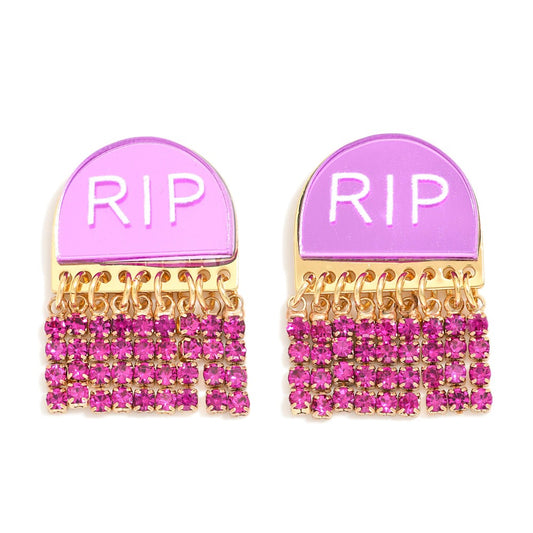 'RIP' Headstone Acetate Drop Earrings Featuring Rhinestone Tassel Details