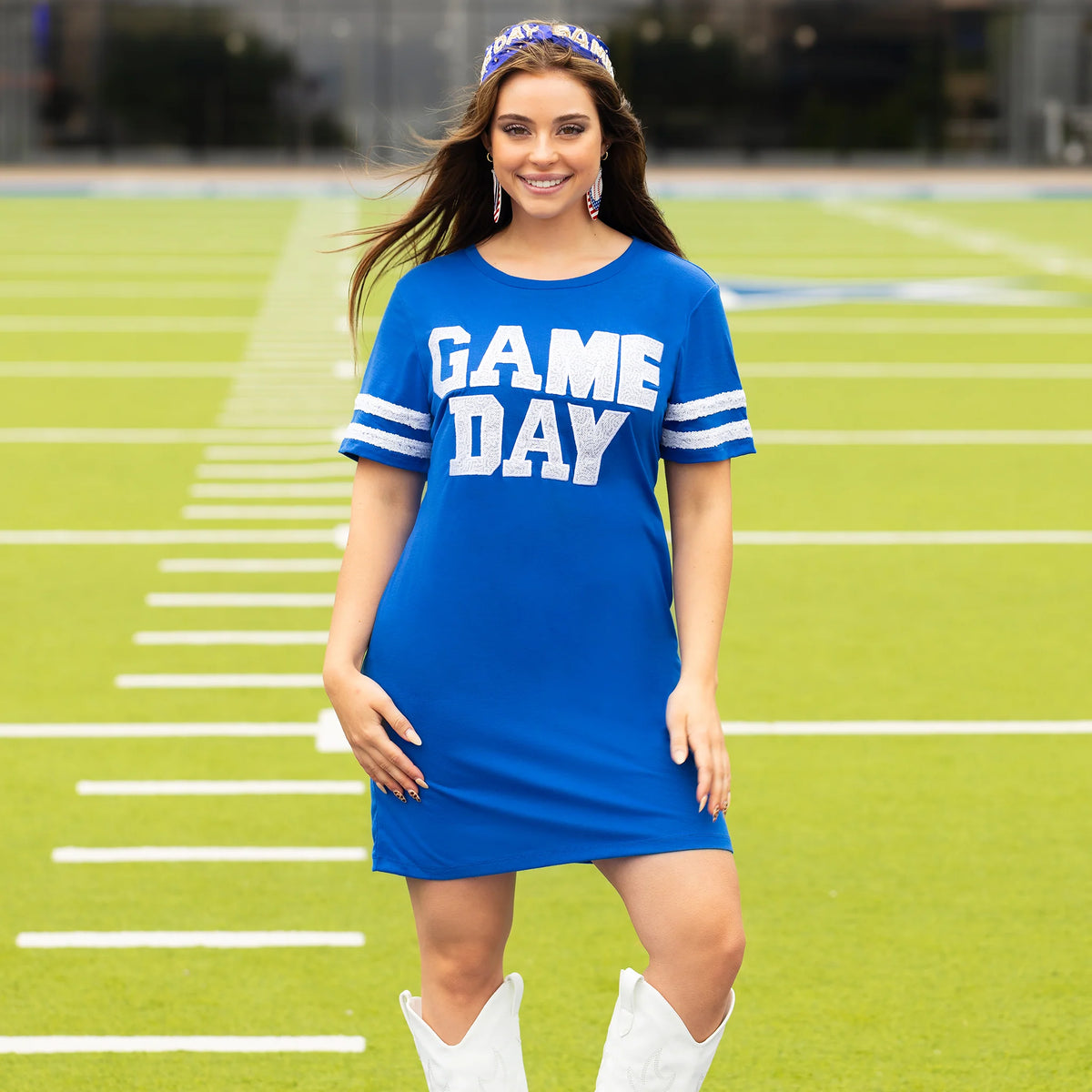 sunshine & Redeo Game Day Sequin T Shirt Dress with Pockets - Royal Blue