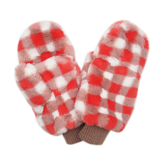 Checkered Faux Fur Mittens