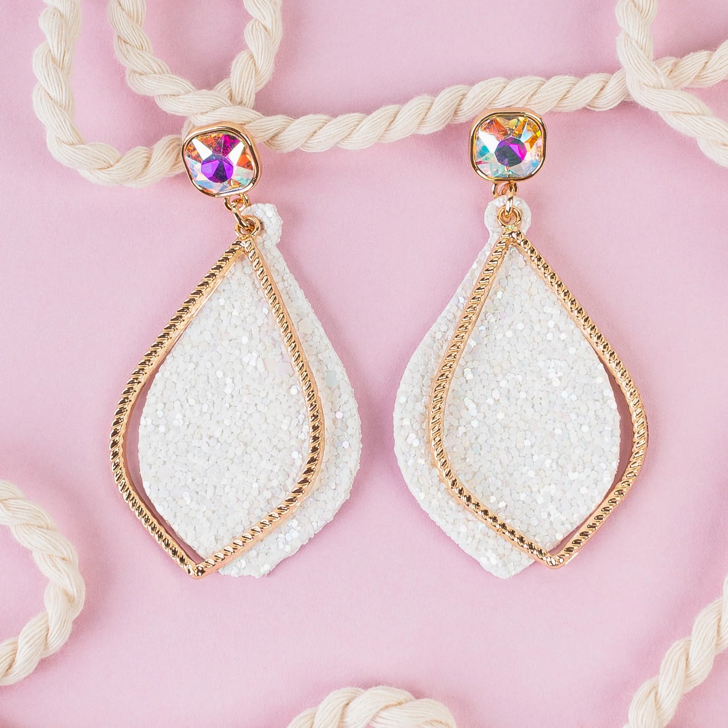 Glitter Rhinestone Drop Earrings - White
