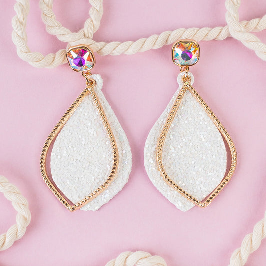 Glitter Rhinestone Drop Earrings - White