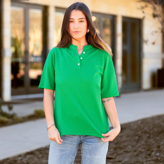 Sunshine & Rodeo Solid Buttoned Short Sleeve Top with Slits - Green