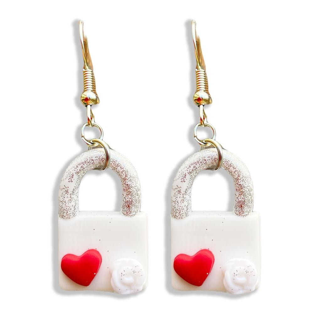 Polymer Clay Glitter Lock Drop Earrings Featuring Heart Accents