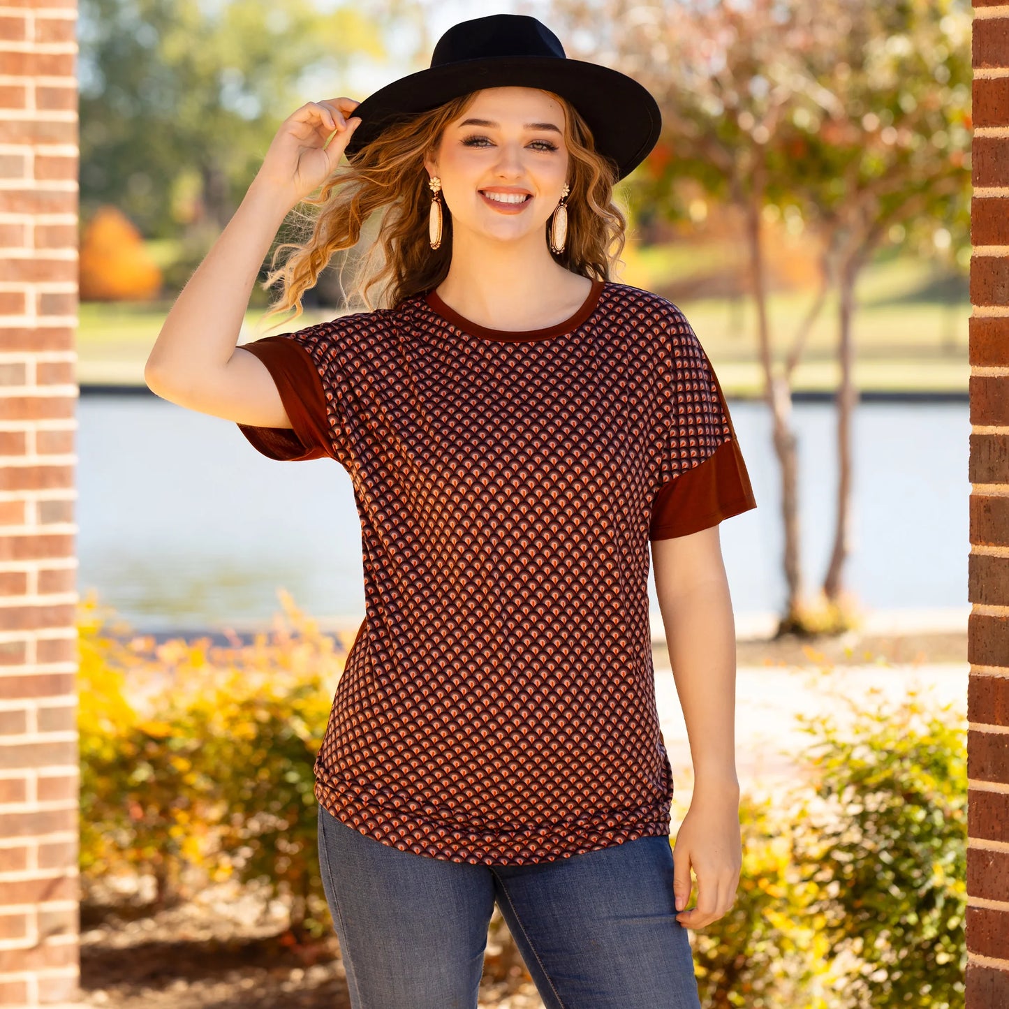 Brown Geometric Print Half Sleeve Top