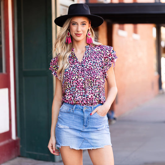 Doorbuster Multi Leopard Top with Ruffle Sleeves