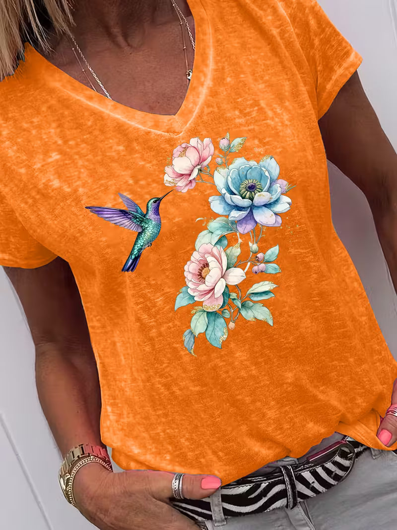 Women's Bird & Flowers V-neck Vinyl Graphic T-Shirt