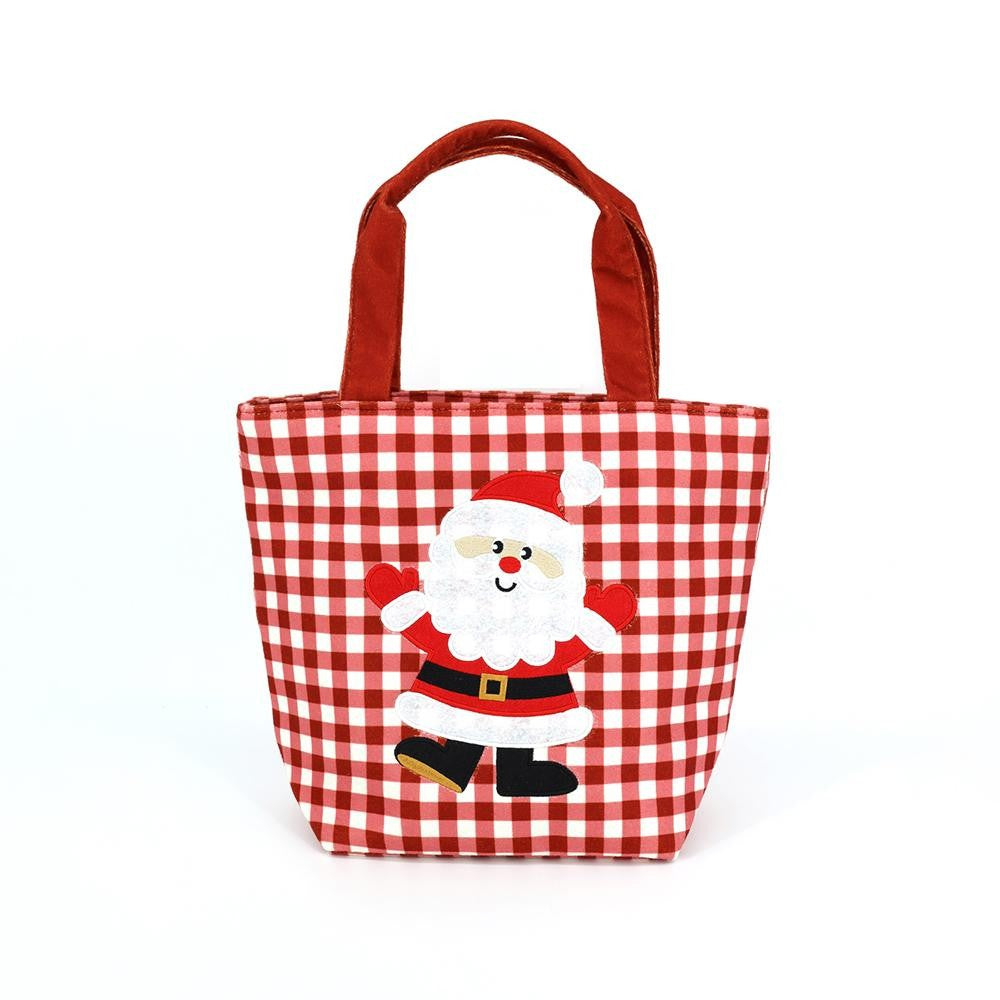 Gingham canvas tote with an embroidered santa applique