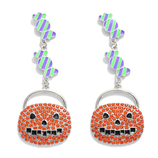 Enamel Candy and Rhinestone Jack-O-Lantern Drop Earrings.