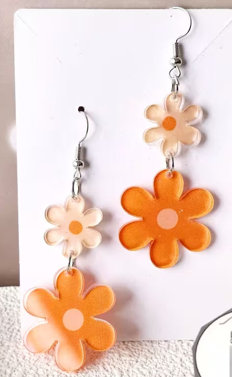 Orange Acrylic Flower Dangle Earrings