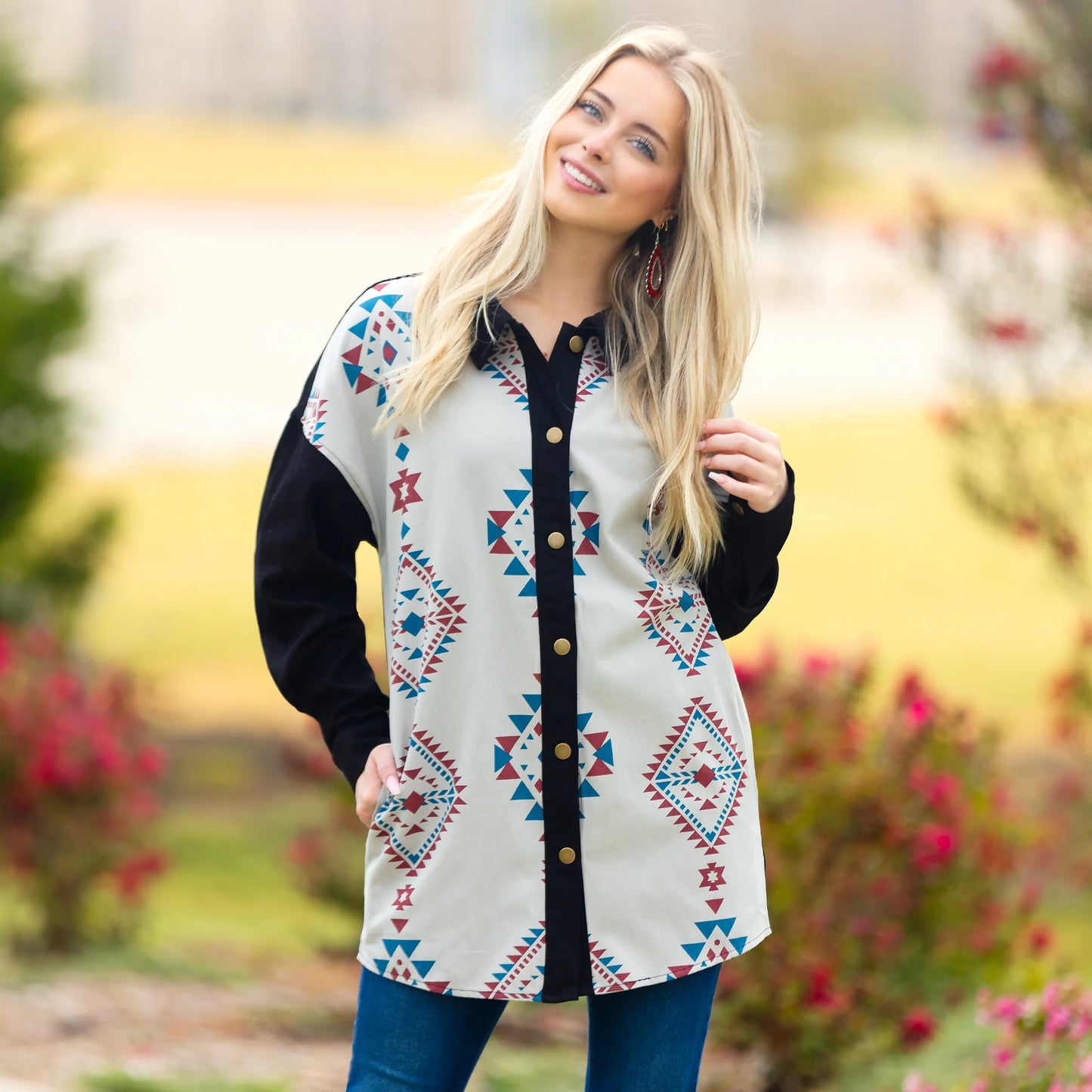 Sunshine & Redeo Western Geometric Print Shacket with Pockets