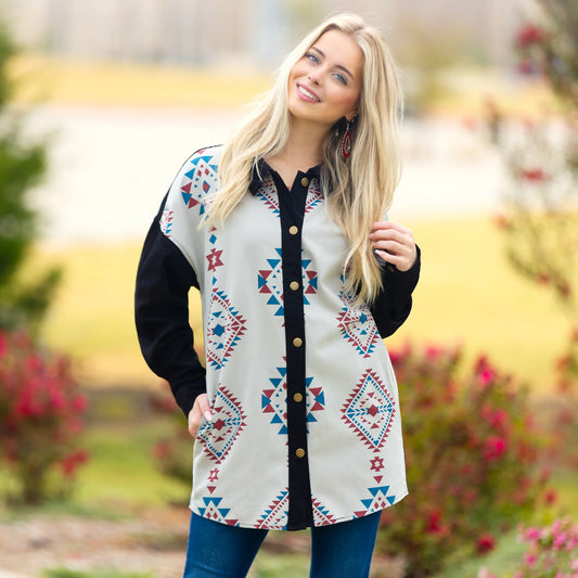 Sunshine & Redeo Western Geometric Print Shacket with Pockets
