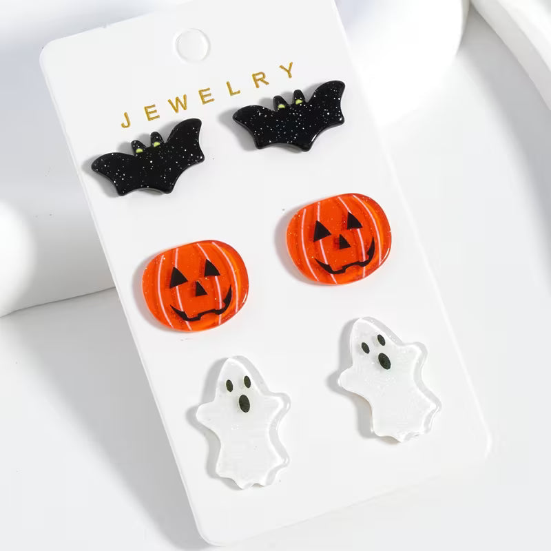 Set of 3 Bat-Pumpkin=Ghost Earrings