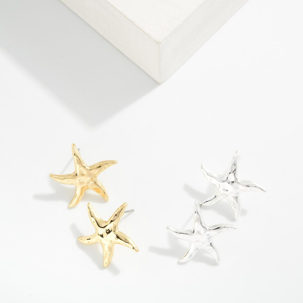 Hammered Metal Starfish Stud Earrings