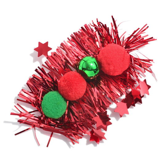 Tinsel Garland Hair Barrette With Pom Accents.