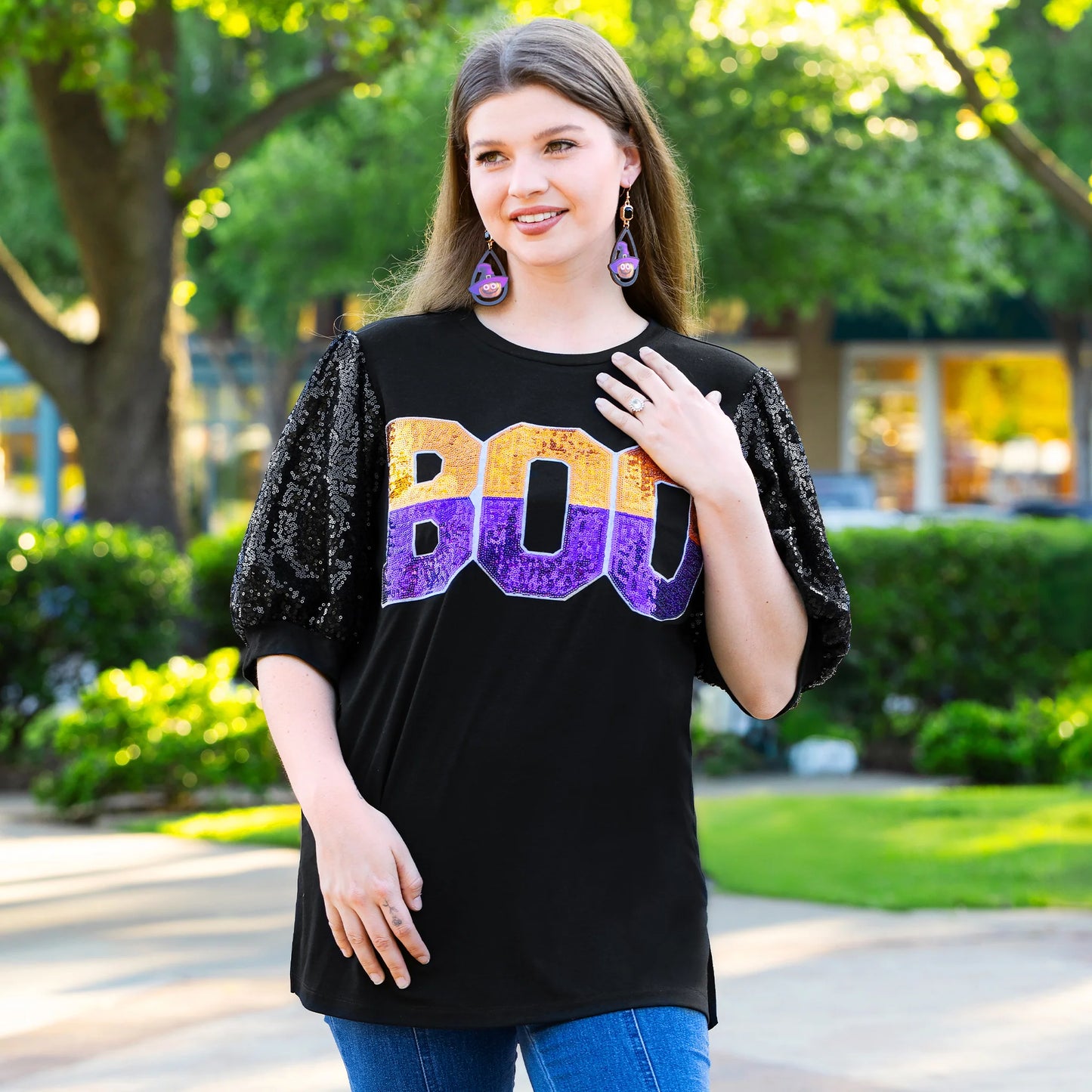 Sunshine & Redeo BOO Sequin Bubble Sleeves Halloween Top