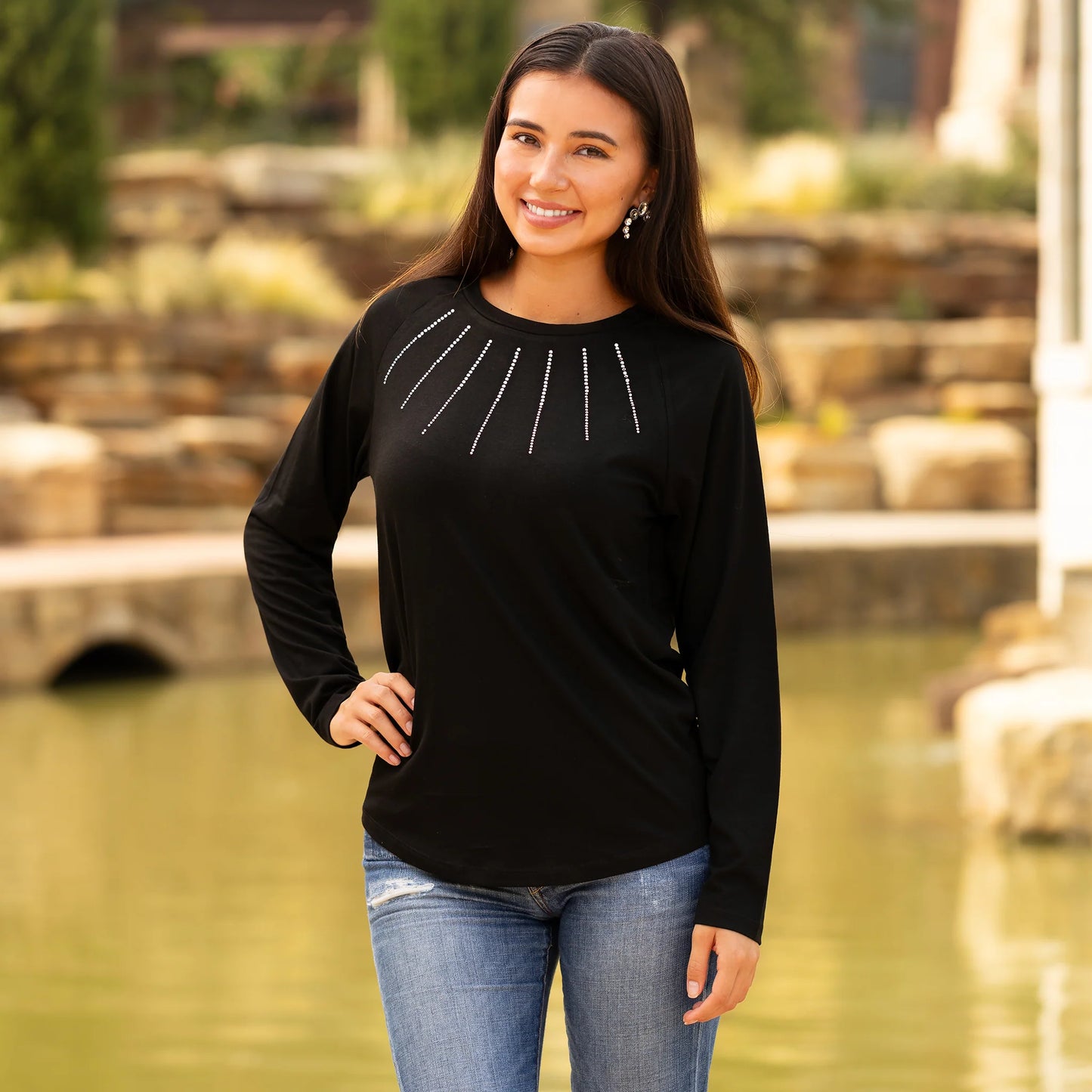 Sunshine & Redeo Embellished Long Sleeve Top - Black