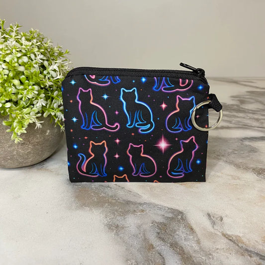 Neon Cat Outline - Mini Coin Purse Keyring