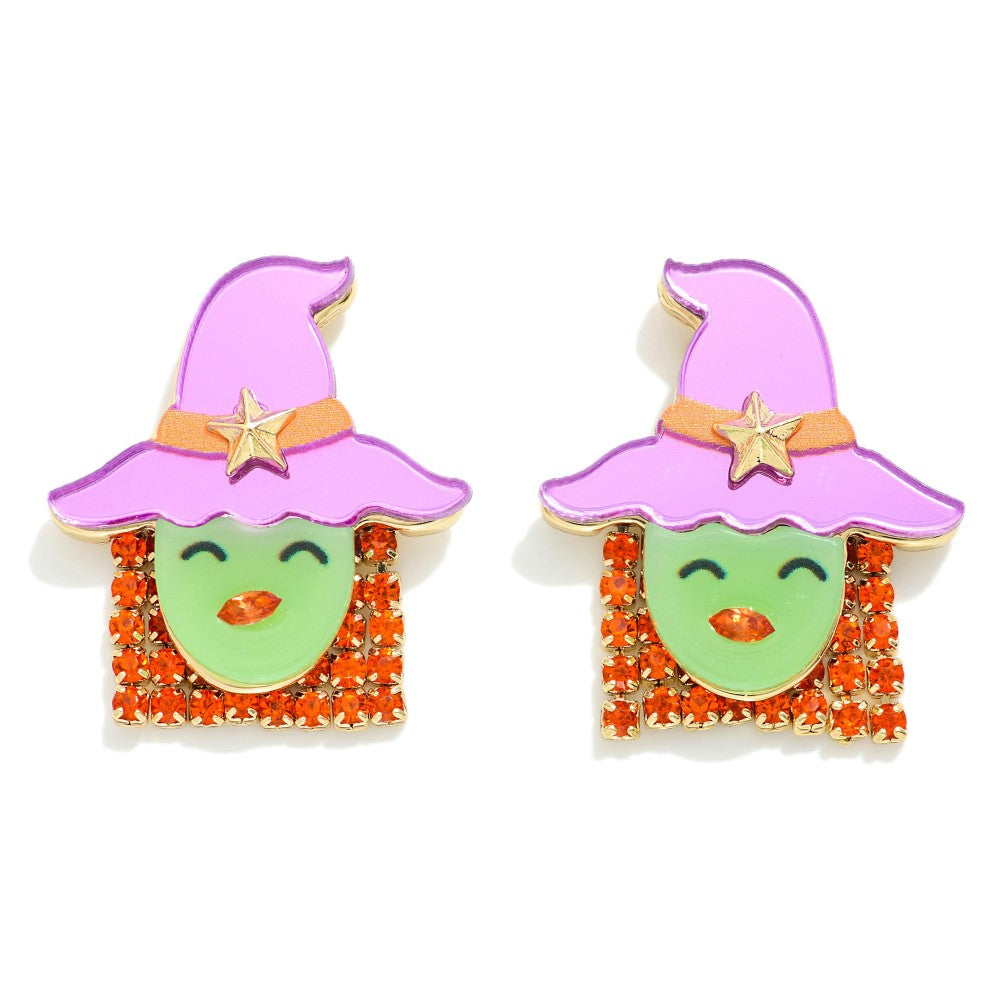Glow in the Dark Acetate Witch Post Drop Earrings With Rhinestone Details - purple