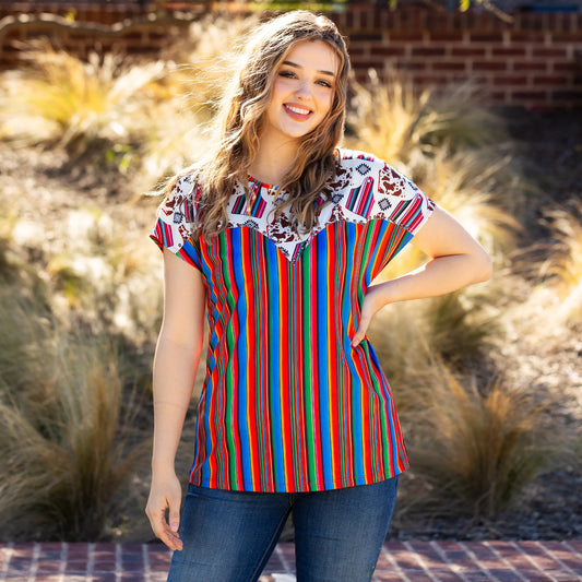 Serape and Cow Print Half Sleeve Top with Accent Buttons