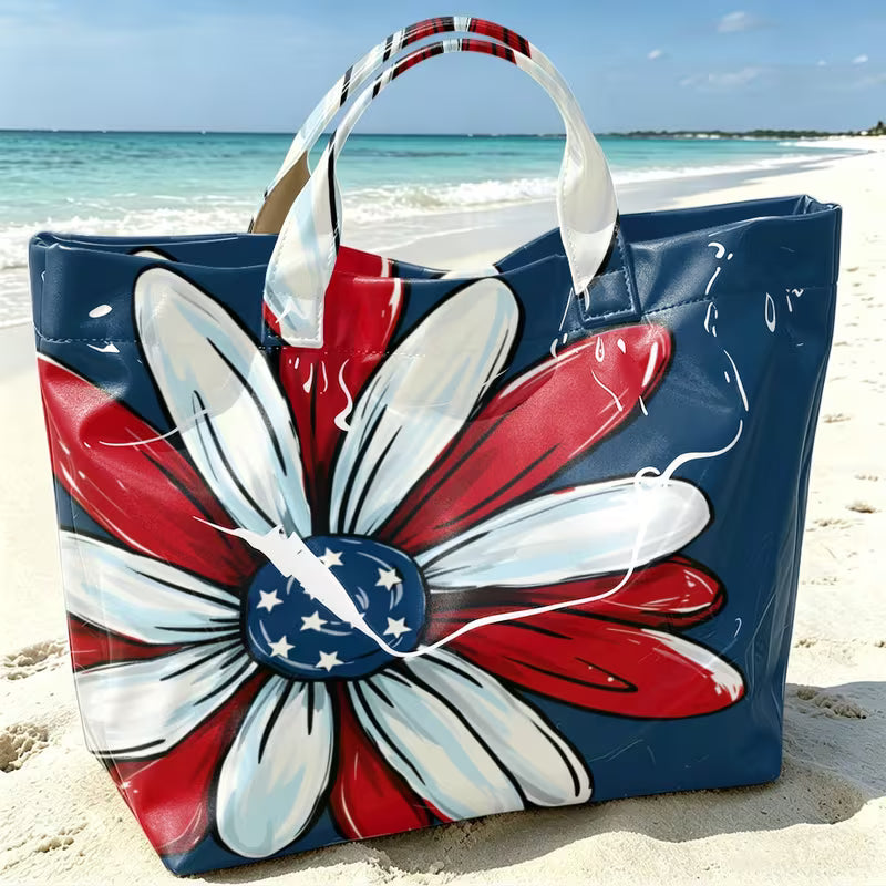 Glossy PVC Red, White & Blue Flower Tote Bag
