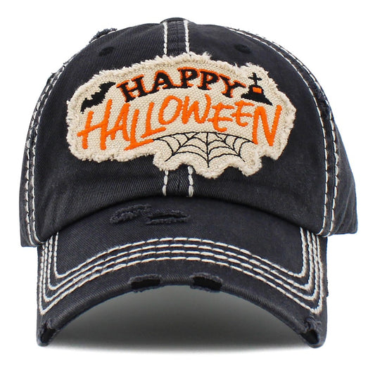 Vintage Distressed Happy Halloween Patch Baseball Cap - Black