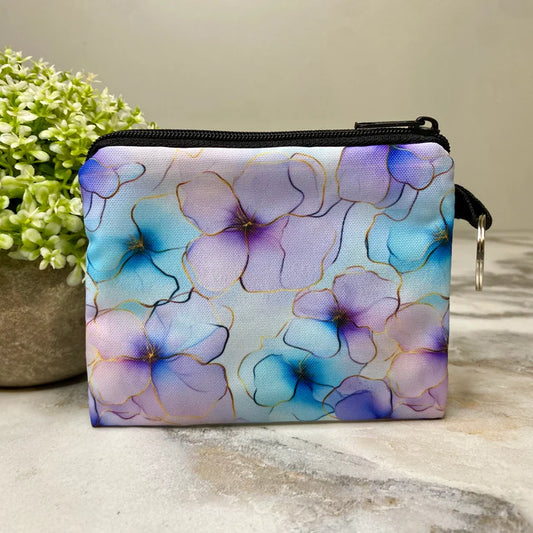 Floral Watercolor Outline Purple Blue - Mini Coin Purse Keyring