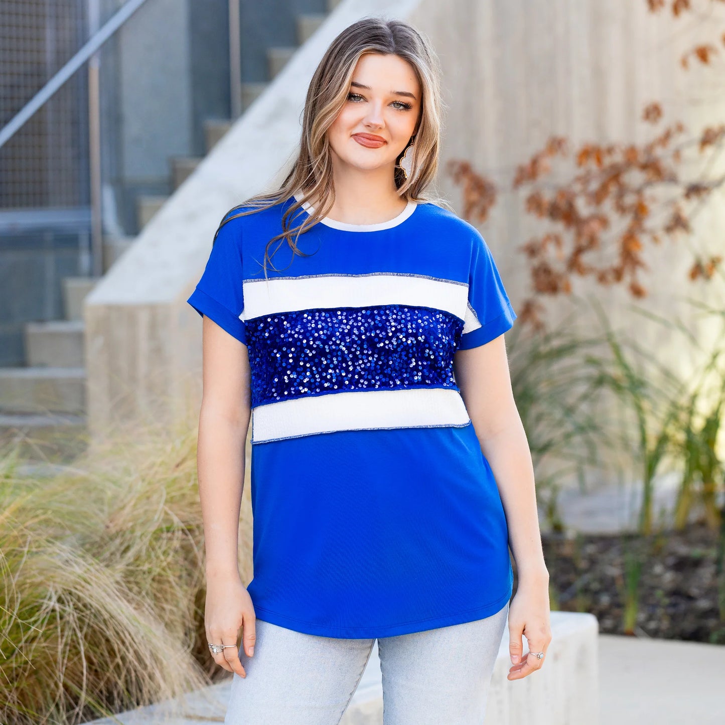 Sunshine & Redeo Striped Sequin Half Sleeve Top - Royal Blue