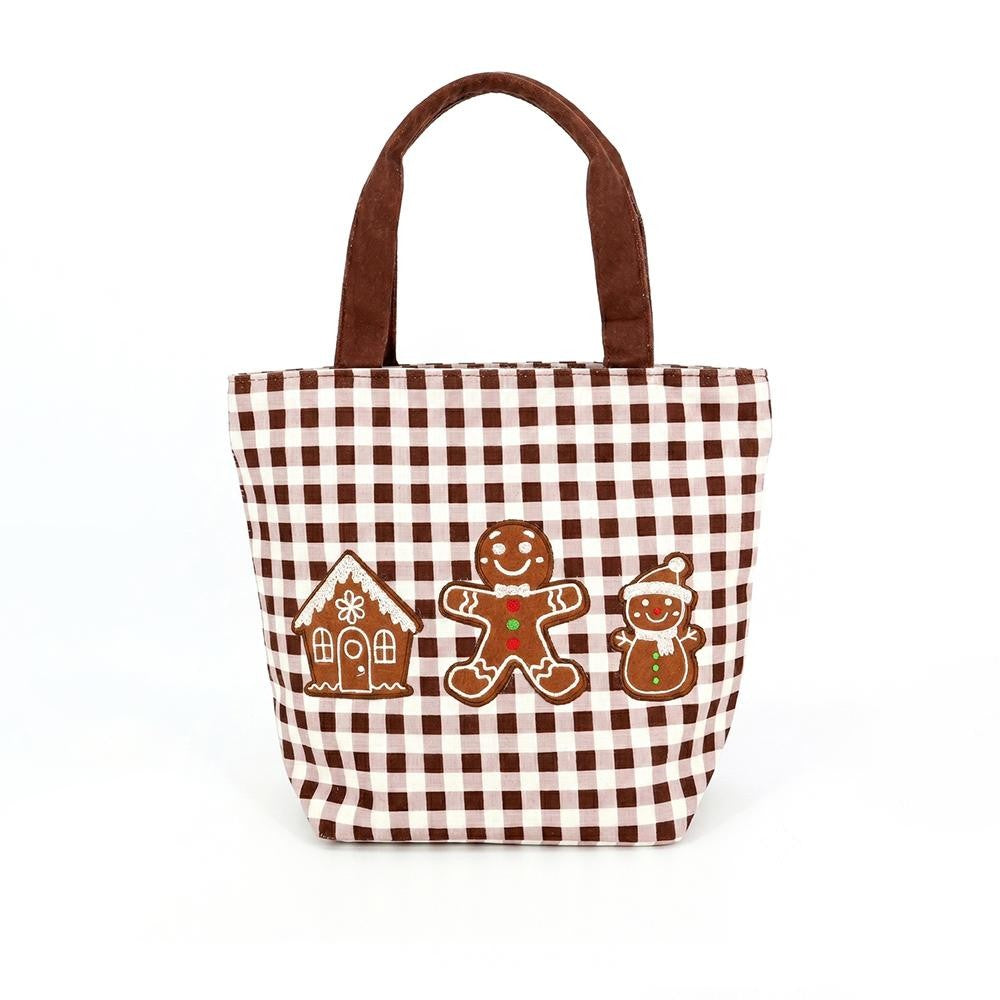 Gingham canvas tote with an embroidered gingerbread scene