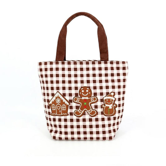 Gingham canvas tote with an embroidered gingerbread scene