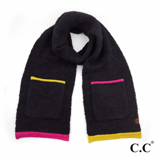 C.C Sherpa Yarn Knit Scarf Featuring Pockets & Color Trim.