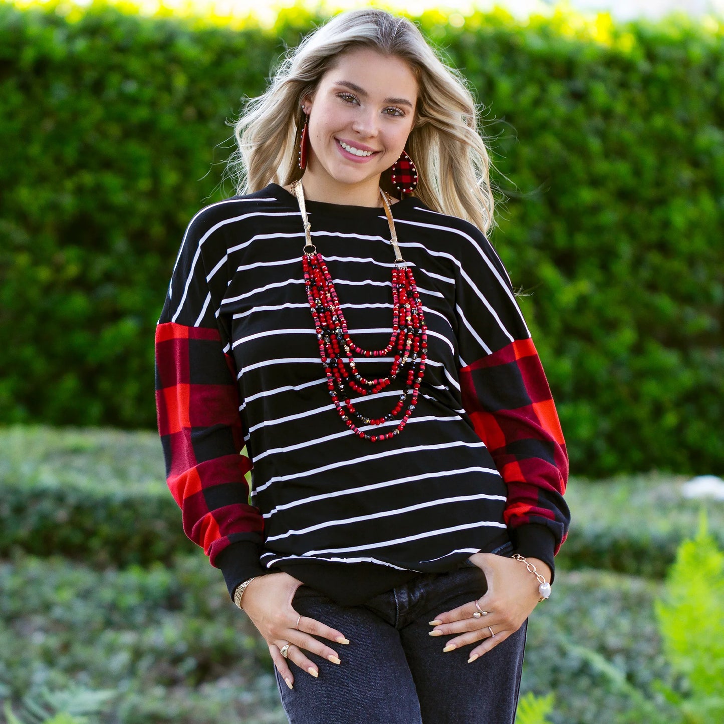 Sunshine & Redeo Long Sleeve Stripes Top with Buffalo Plaid Sleeves