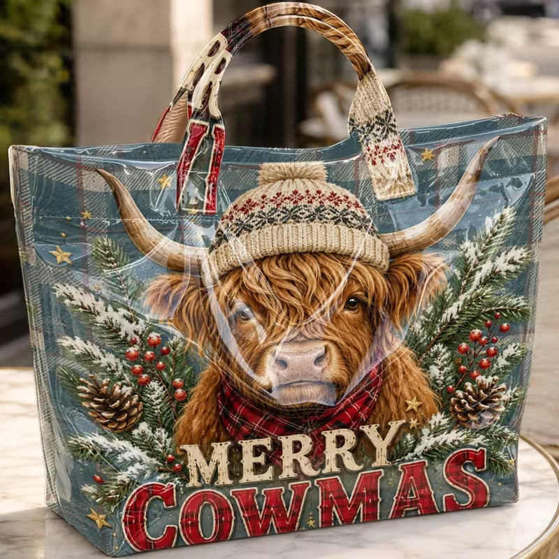 Glossy PVC Highland Cow Christmas Tote Bag