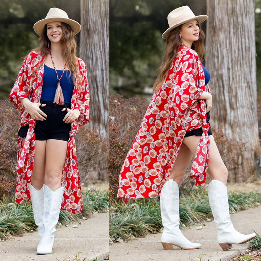 Floral Print Duster Red