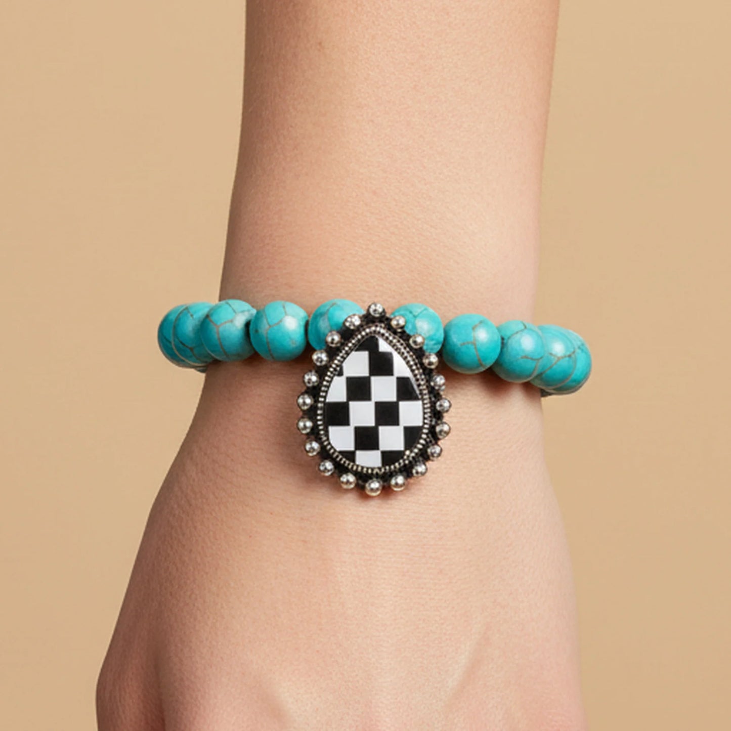 Checkered Squash Blossom Bracelet - Turquoise