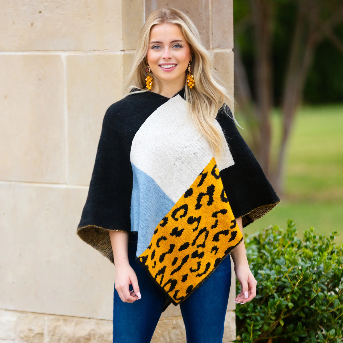 Leopard Color Block Poncho - Black Brown
