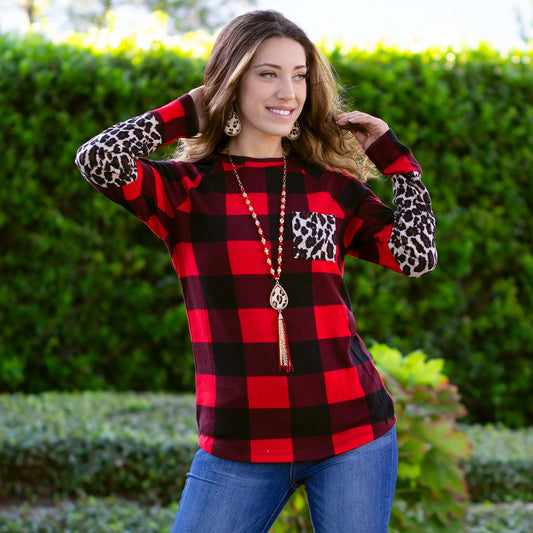 Plaid and Leopard Long Sleeve Top