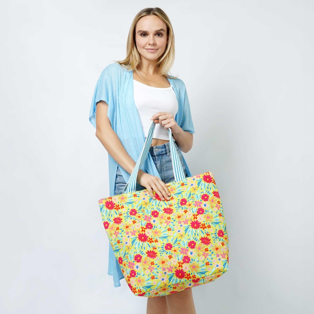 Floral Printed Canvas Beach Bag