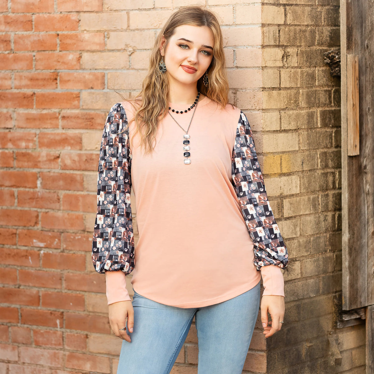Sunshine & Rodeo Floral Geometric Print Long Sleeve Top