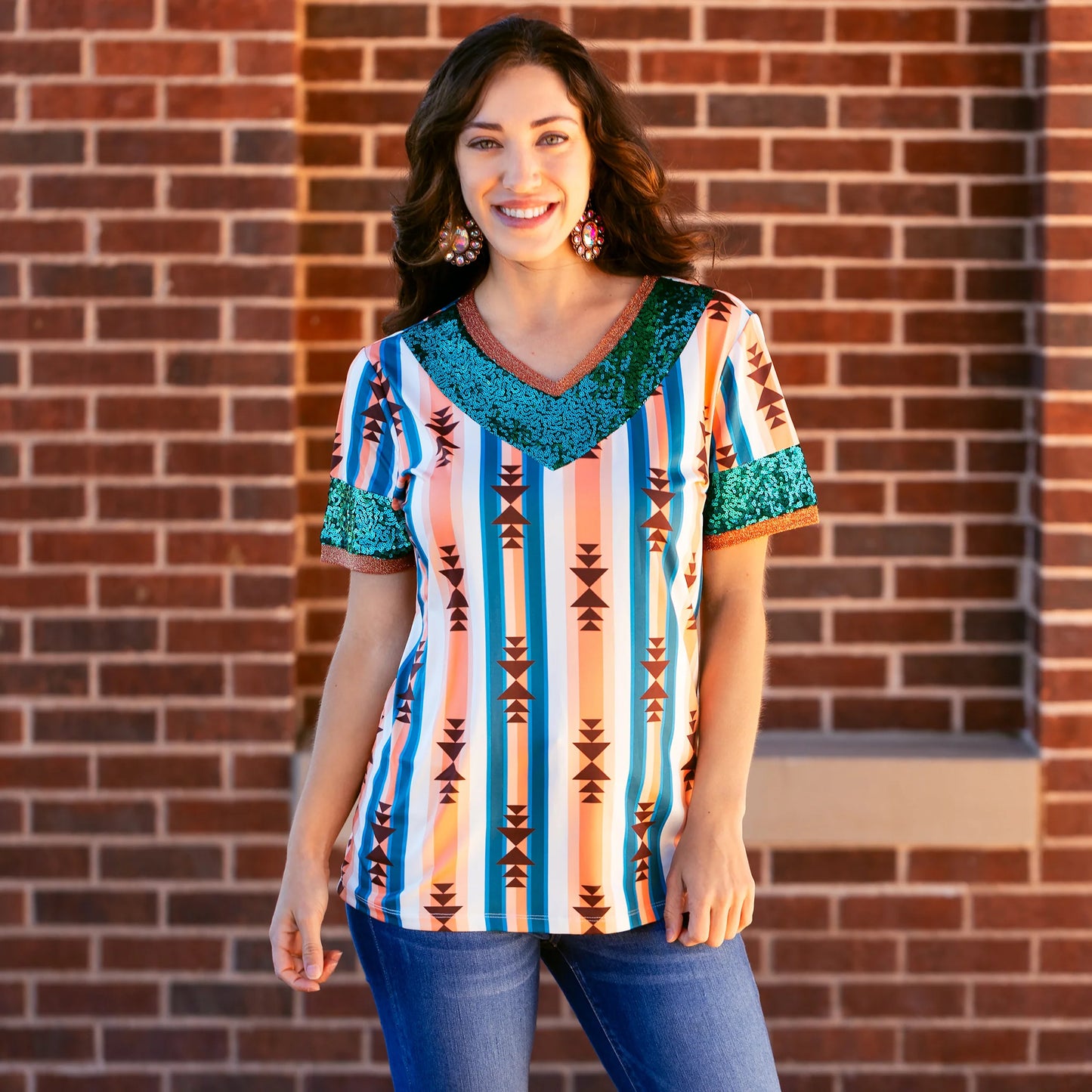 $20 Sunshine & Redeo Sale - Striped Geometric Print Top with Sequin Sleeves