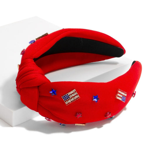 Satin Headband With Top Knot With Americana Charms - Red