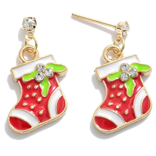 Dainty Enamel Stocking Drop Earrings Featuring Crystal Accents.