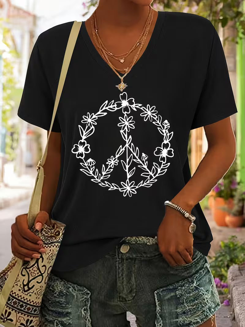 Women's V-Neck Floral Peace Sign Vinyl Graphic T-Shirt