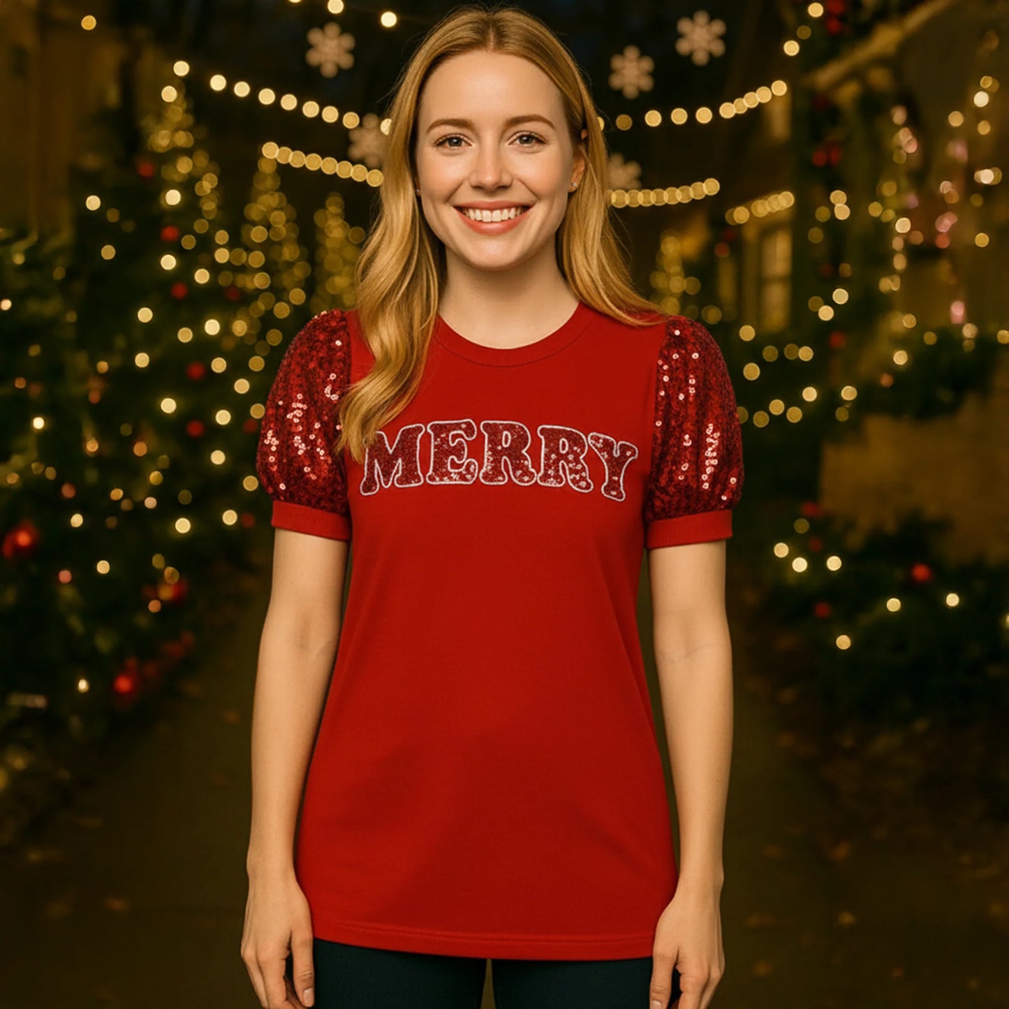 Sunshine & Redeo Merry Sequin Puff Sleeve Top
