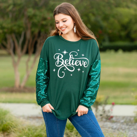 Sunshine & Redeo Believe Christmas Top with Sequin Sleeves