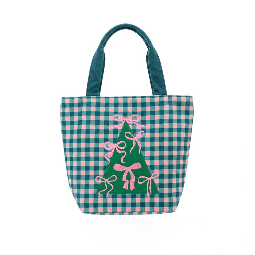 Gingham canvas tote with an embroidered bow trimmed tree