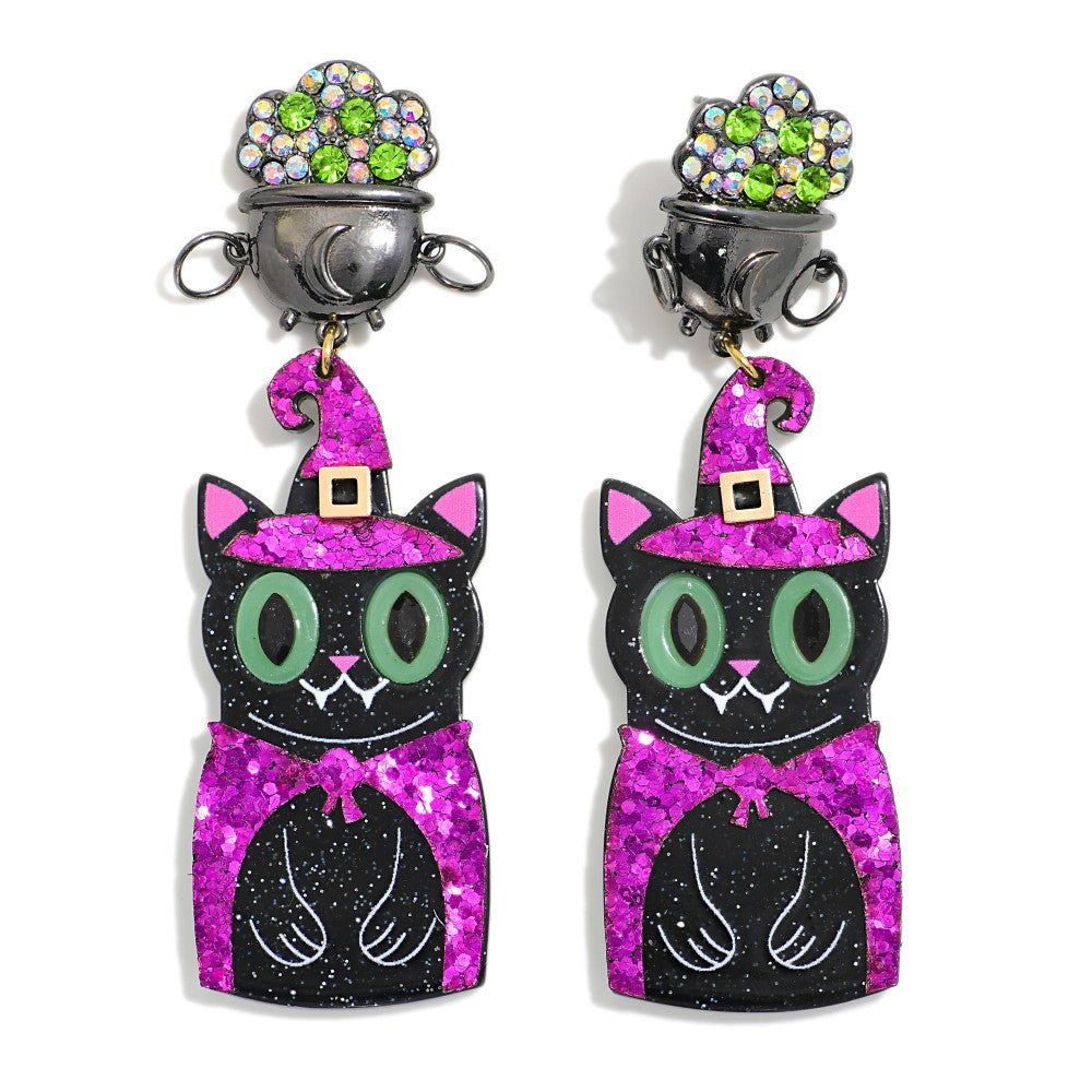 Glitter Acetate Witch Cat Drop Earrings Featuring Rhinestone Cauldron Post
