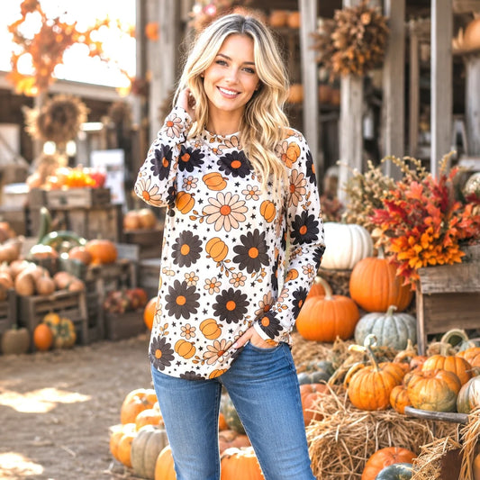 Sunshine & Rodeo Pumpkin and Floral Long Sleeve Mesh Top