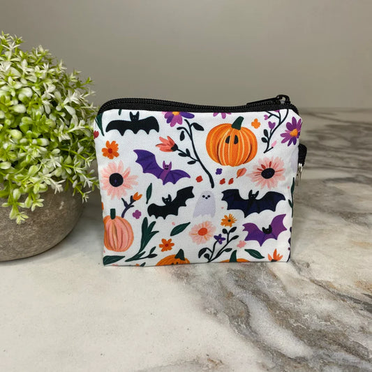 Halloween - White Pumpkin Bat - Mini Coin Purse Keyring