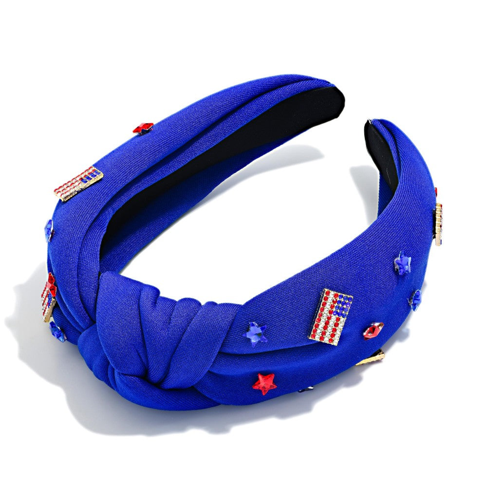 Satin Headband With Top Knot With Americana Charms - Blue