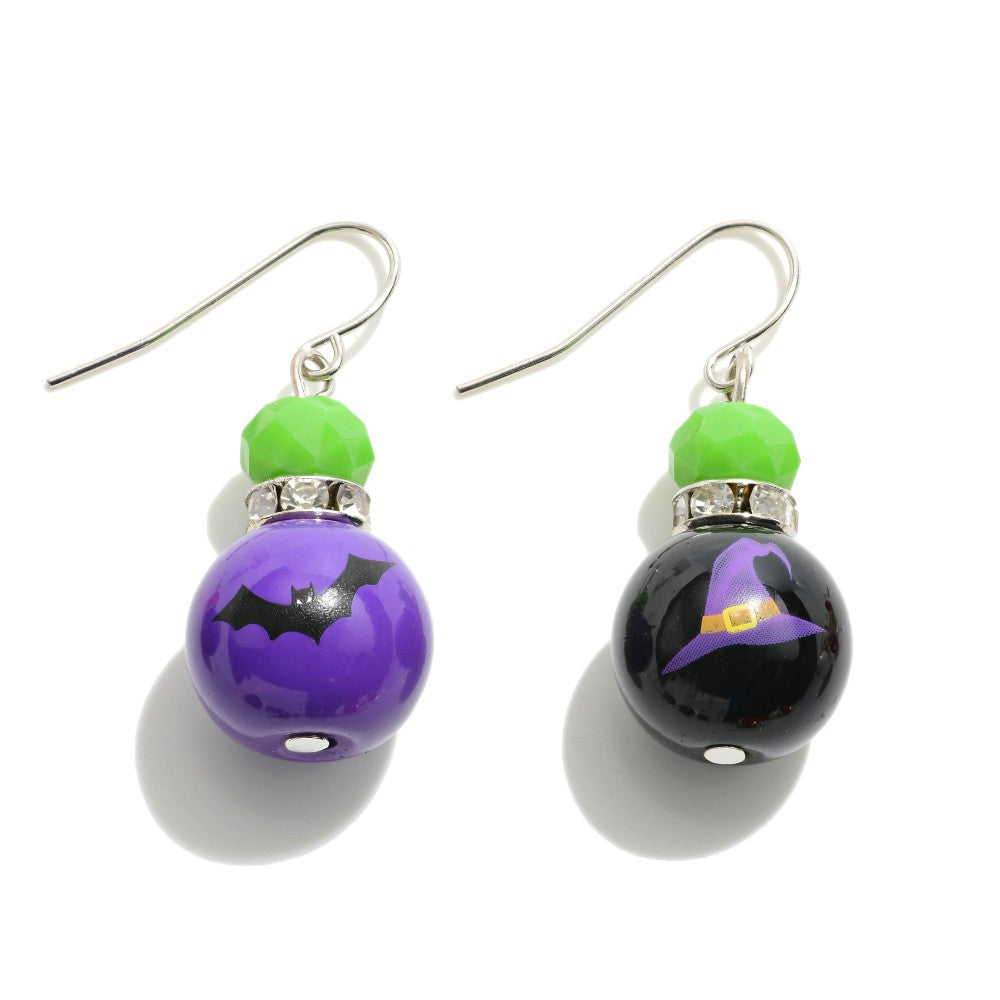 Halloween Drop Earrings Featuring Witches Hat And Bat